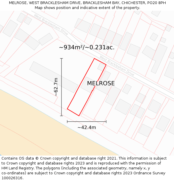 MELROSE, WEST BRACKLESHAM DRIVE, BRACKLESHAM BAY, CHICHESTER, PO20 8PH: Plot and title map