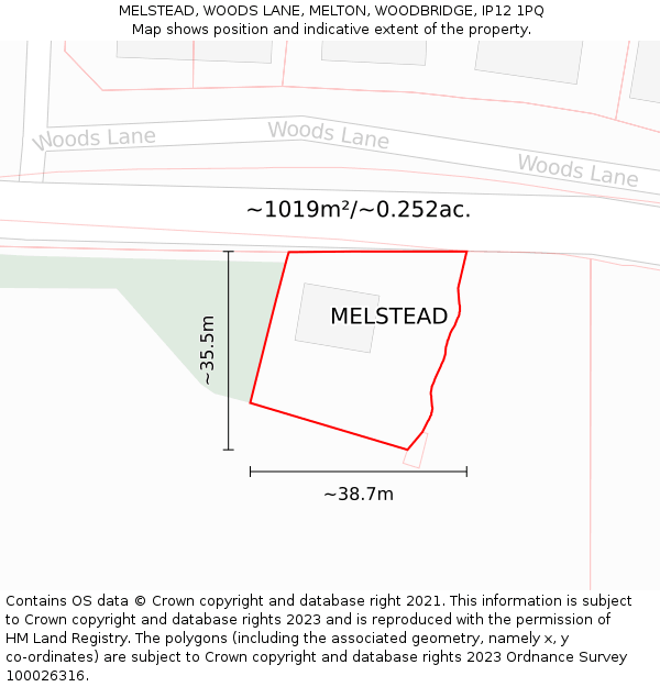 MELSTEAD, WOODS LANE, MELTON, WOODBRIDGE, IP12 1PQ: Plot and title map