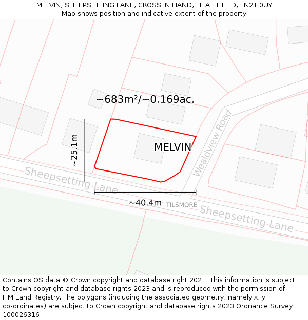 MELVIN, SHEEPSETTING LANE, CROSS IN HAND, HEATHFIELD, TN21 0UY: Plot and title map