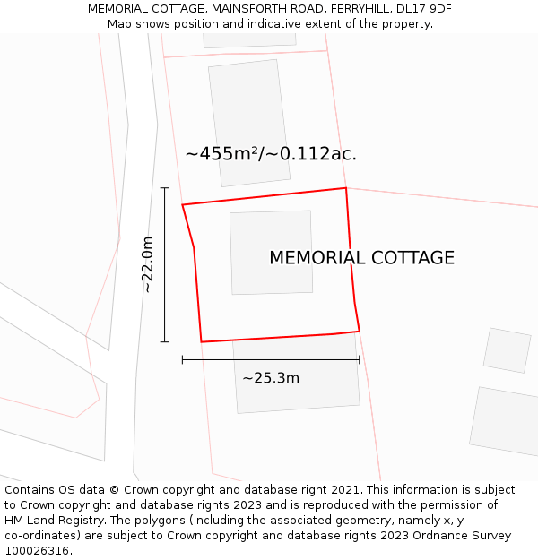 MEMORIAL COTTAGE, MAINSFORTH ROAD, FERRYHILL, DL17 9DF: Plot and title map