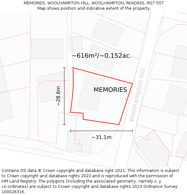 MEMORIES, WOOLHAMPTON HILL, WOOLHAMPTON, READING, RG7 5ST: Plot and title map