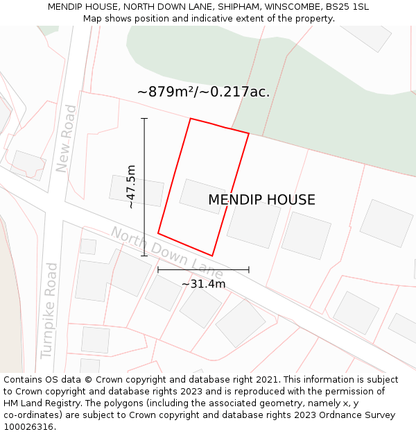 MENDIP HOUSE, NORTH DOWN LANE, SHIPHAM, WINSCOMBE, BS25 1SL: Plot and title map