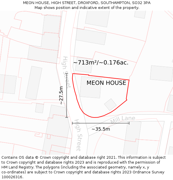 MEON HOUSE, HIGH STREET, DROXFORD, SOUTHAMPTON, SO32 3PA: Plot and title map