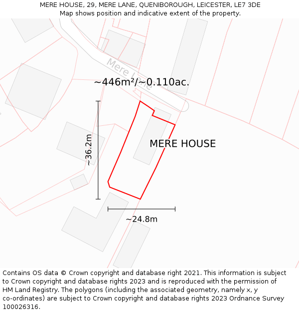 MERE HOUSE, 29, MERE LANE, QUENIBOROUGH, LEICESTER, LE7 3DE: Plot and title map