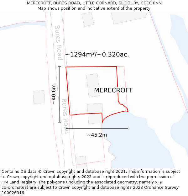 MERECROFT, BURES ROAD, LITTLE CORNARD, SUDBURY, CO10 0NN: Plot and title map