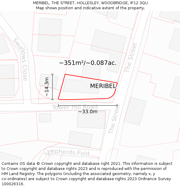 MERIBEL, THE STREET, HOLLESLEY, WOODBRIDGE, IP12 3QU: Plot and title map