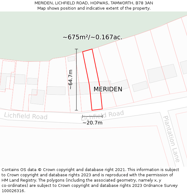 MERIDEN, LICHFIELD ROAD, HOPWAS, TAMWORTH, B78 3AN: Plot and title map