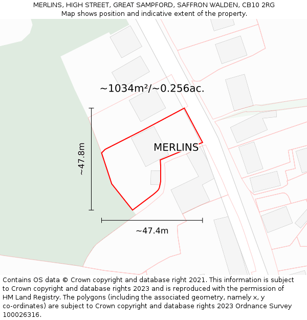 MERLINS, HIGH STREET, GREAT SAMPFORD, SAFFRON WALDEN, CB10 2RG: Plot and title map
