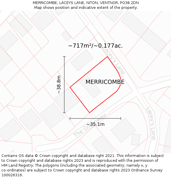 MERRICOMBE, LACEYS LANE, NITON, VENTNOR, PO38 2DN: Plot and title map