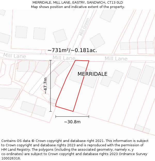 MERRIDALE, MILL LANE, EASTRY, SANDWICH, CT13 0LD: Plot and title map