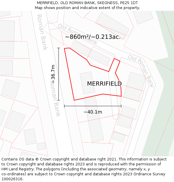 MERRIFIELD, OLD ROMAN BANK, SKEGNESS, PE25 1DT: Plot and title map