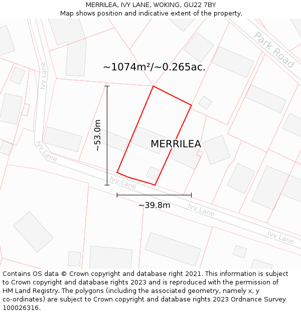 MERRILEA, IVY LANE, WOKING, GU22 7BY: Plot and title map
