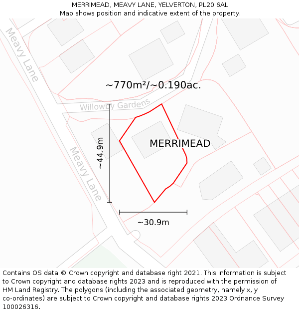 MERRIMEAD, MEAVY LANE, YELVERTON, PL20 6AL: Plot and title map