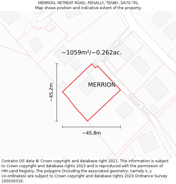 MERRION, RETREAT ROAD, PENALLY, TENBY, SA70 7PL: Plot and title map