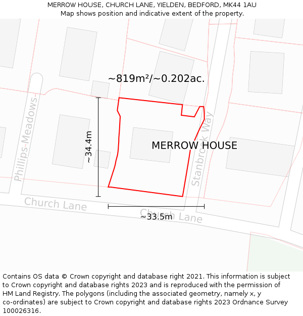 MERROW HOUSE, CHURCH LANE, YIELDEN, BEDFORD, MK44 1AU: Plot and title map