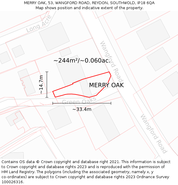 MERRY OAK, 53, WANGFORD ROAD, REYDON, SOUTHWOLD, IP18 6QA: Plot and title map