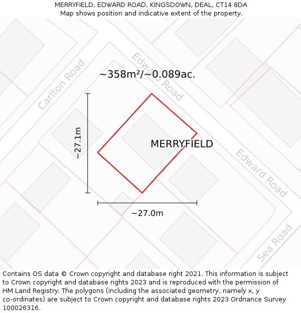 MERRYFIELD, EDWARD ROAD, KINGSDOWN, DEAL, CT14 8DA: Plot and title map