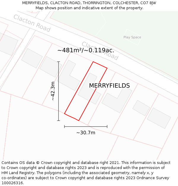 MERRYFIELDS, CLACTON ROAD, THORRINGTON, COLCHESTER, CO7 8JW: Plot and title map