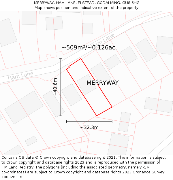 MERRYWAY, HAM LANE, ELSTEAD, GODALMING, GU8 6HG: Plot and title map