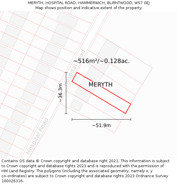 MERYTH, HOSPITAL ROAD, HAMMERWICH, BURNTWOOD, WS7 0EJ: Plot and title map