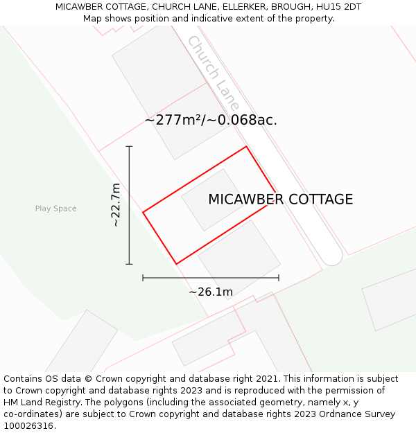 MICAWBER COTTAGE, CHURCH LANE, ELLERKER, BROUGH, HU15 2DT: Plot and title map