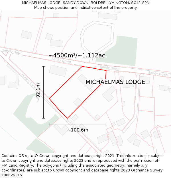 MICHAELMAS LODGE, SANDY DOWN, BOLDRE, LYMINGTON, SO41 8PN: Plot and title map