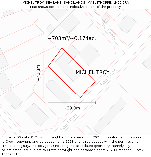 MICHEL TROY, SEA LANE, SANDILANDS, MABLETHORPE, LN12 2RA: Plot and title map
