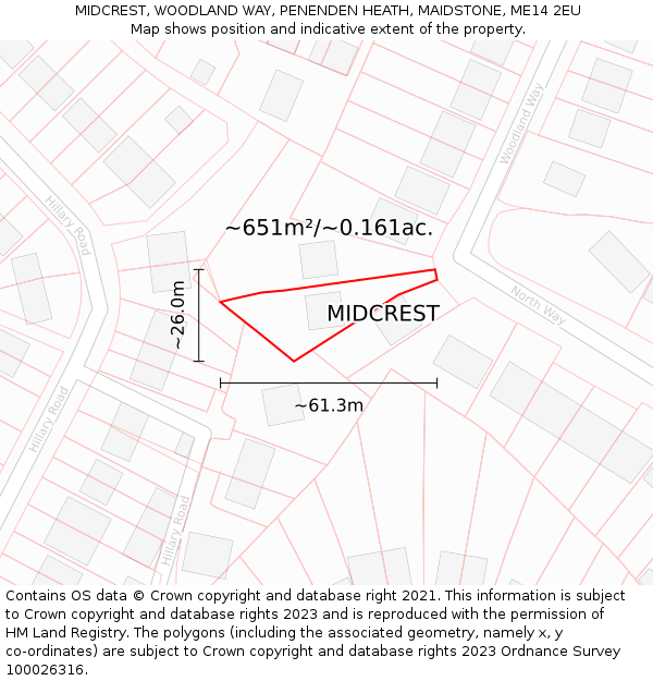 MIDCREST, WOODLAND WAY, PENENDEN HEATH, MAIDSTONE, ME14 2EU: Plot and title map