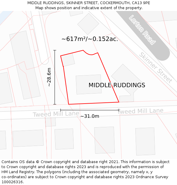 MIDDLE RUDDINGS, SKINNER STREET, COCKERMOUTH, CA13 9PE: Plot and title map