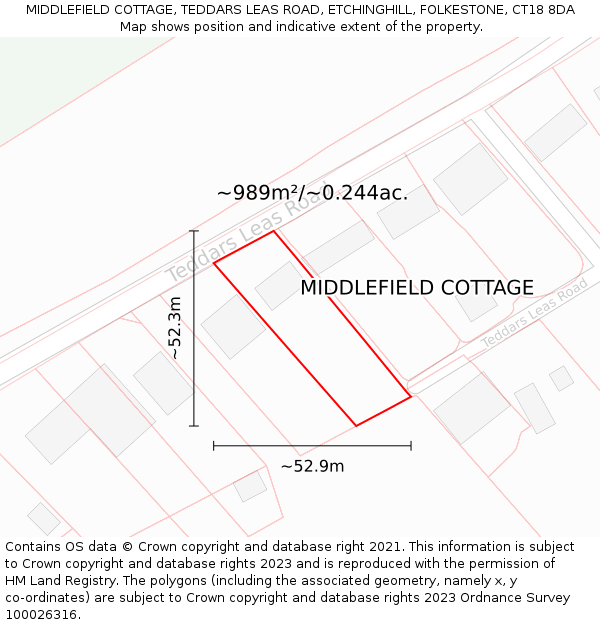 MIDDLEFIELD COTTAGE, TEDDARS LEAS ROAD, ETCHINGHILL, FOLKESTONE, CT18 8DA: Plot and title map