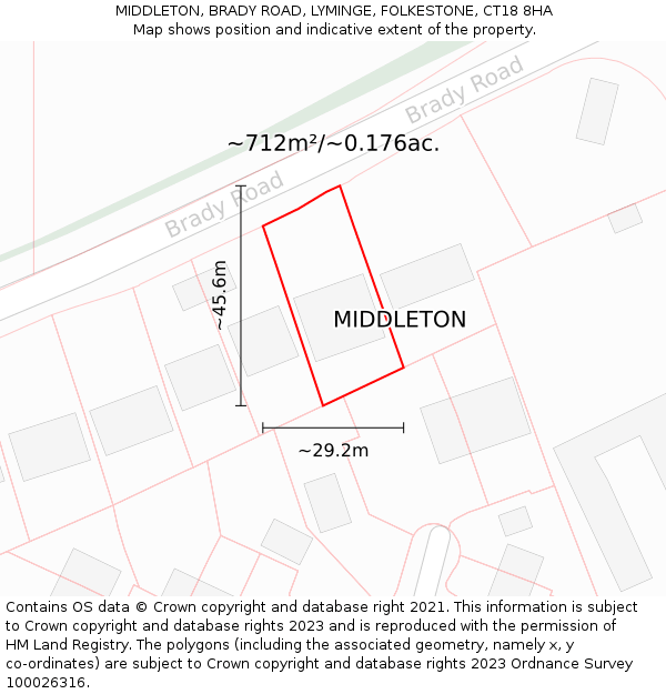 MIDDLETON, BRADY ROAD, LYMINGE, FOLKESTONE, CT18 8HA: Plot and title map