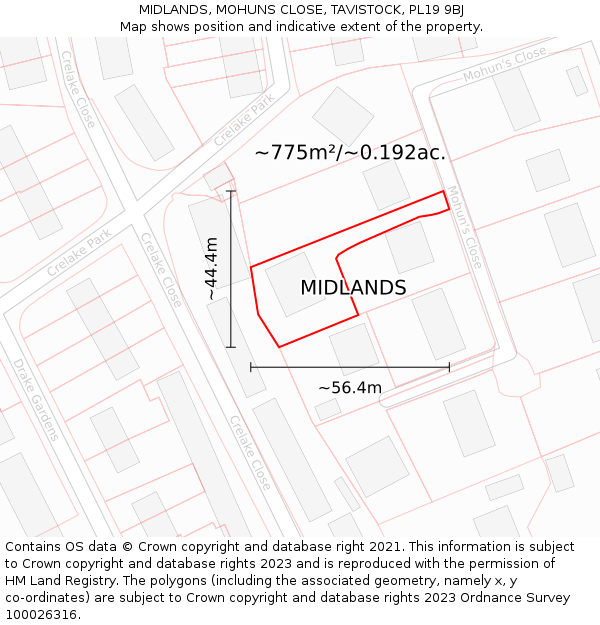 MIDLANDS, MOHUNS CLOSE, TAVISTOCK, PL19 9BJ: Plot and title map