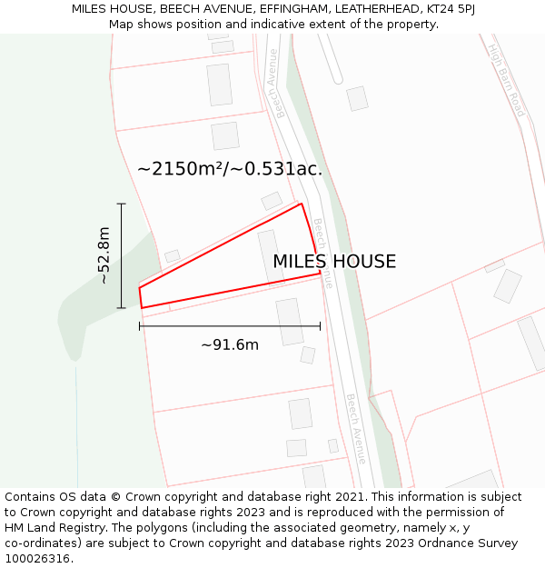 MILES HOUSE, BEECH AVENUE, EFFINGHAM, LEATHERHEAD, KT24 5PJ: Plot and title map