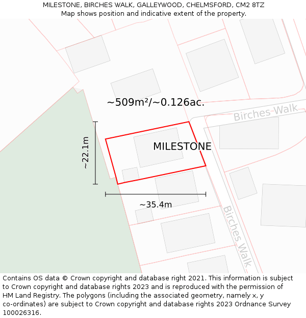 MILESTONE, BIRCHES WALK, GALLEYWOOD, CHELMSFORD, CM2 8TZ: Plot and title map