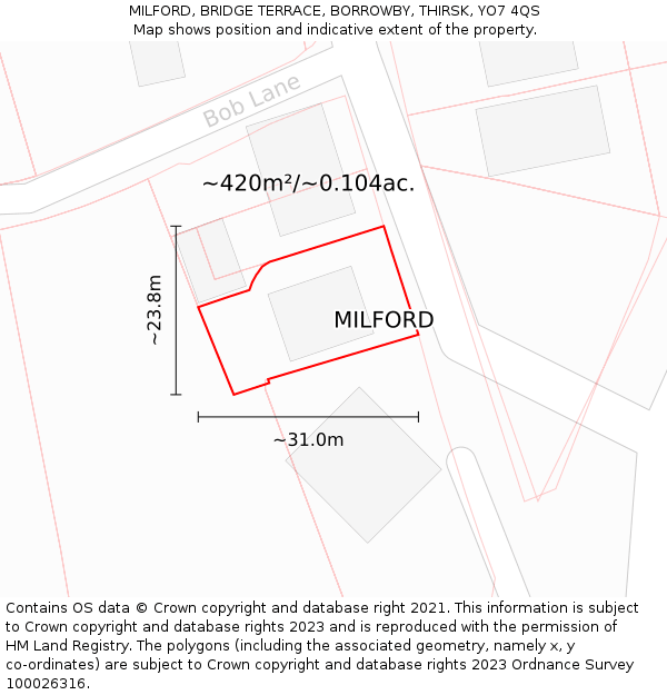 MILFORD, BRIDGE TERRACE, BORROWBY, THIRSK, YO7 4QS: Plot and title map