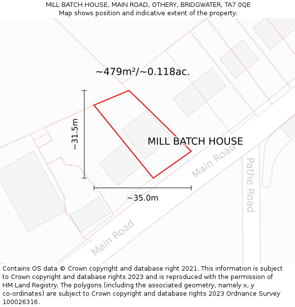 MILL BATCH HOUSE, MAIN ROAD, OTHERY, BRIDGWATER, TA7 0QE: Plot and title map