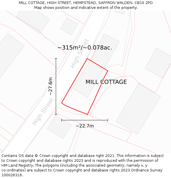 MILL COTTAGE, HIGH STREET, HEMPSTEAD, SAFFRON WALDEN, CB10 2PD: Plot and title map