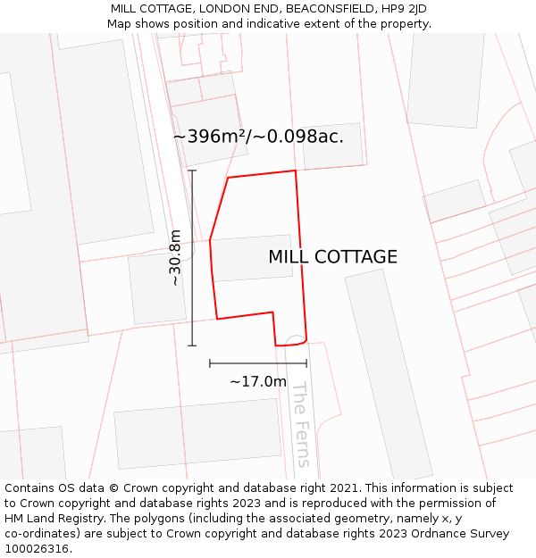 MILL COTTAGE, LONDON END, BEACONSFIELD, HP9 2JD: Plot and title map
