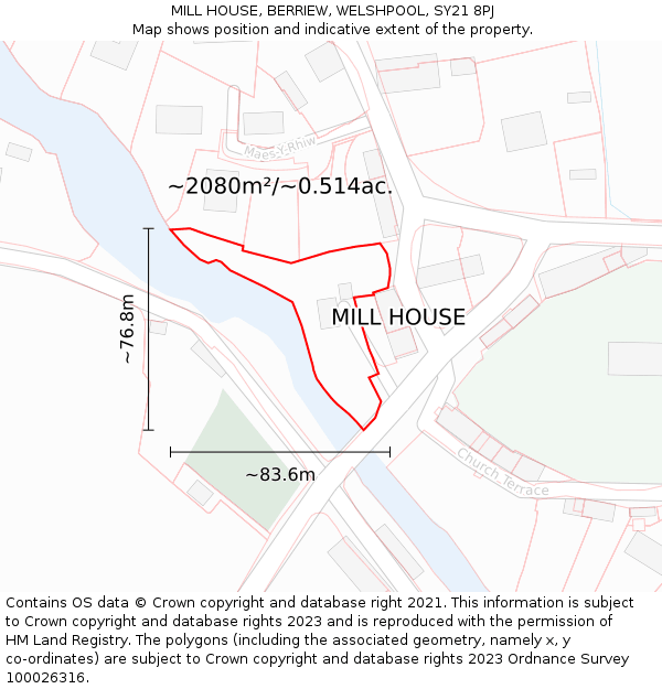 MILL HOUSE, BERRIEW, WELSHPOOL, SY21 8PJ: Plot and title map