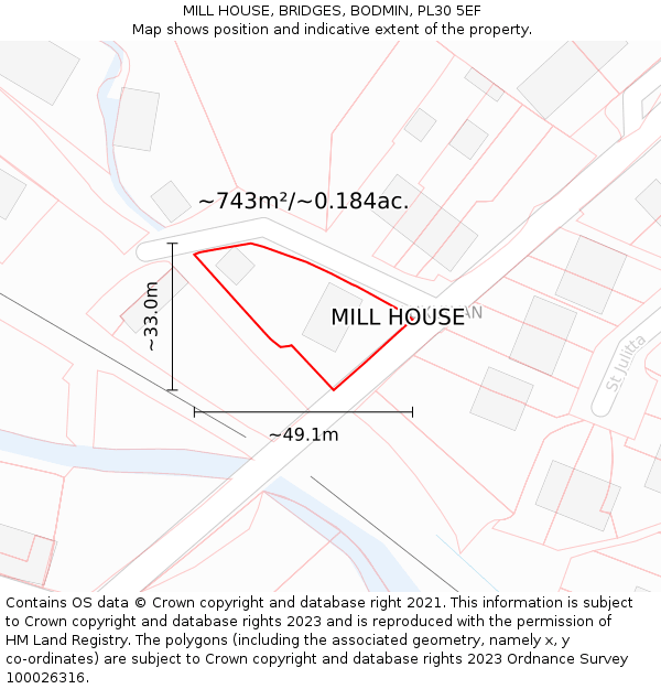 MILL HOUSE, BRIDGES, BODMIN, PL30 5EF: Plot and title map
