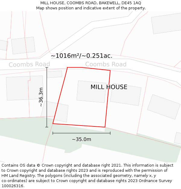 MILL HOUSE, COOMBS ROAD, BAKEWELL, DE45 1AQ: Plot and title map