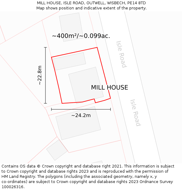 MILL HOUSE, ISLE ROAD, OUTWELL, WISBECH, PE14 8TD: Plot and title map