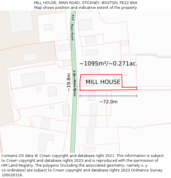 MILL HOUSE, MAIN ROAD, STICKNEY, BOSTON, PE22 8AA: Plot and title map