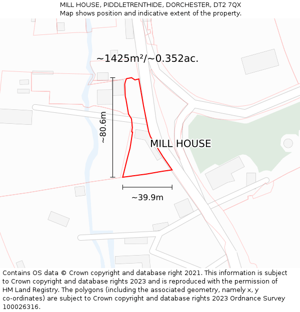 MILL HOUSE, PIDDLETRENTHIDE, DORCHESTER, DT2 7QX: Plot and title map