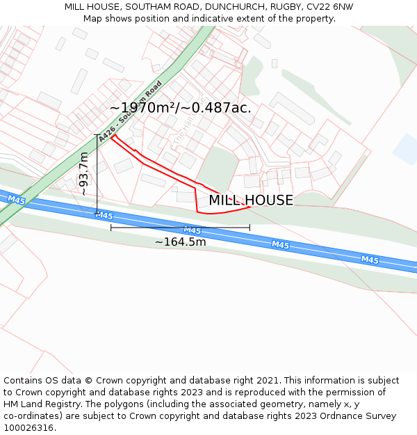 MILL HOUSE, SOUTHAM ROAD, DUNCHURCH, RUGBY, CV22 6NW: Plot and title map
