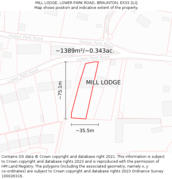 MILL LODGE, LOWER PARK ROAD, BRAUNTON, EX33 2LQ: Plot and title map