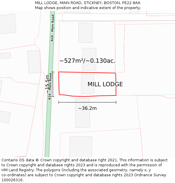 MILL LODGE, MAIN ROAD, STICKNEY, BOSTON, PE22 8AA: Plot and title map