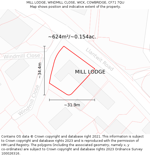 MILL LODGE, WINDMILL CLOSE, WICK, COWBRIDGE, CF71 7QU: Plot and title map