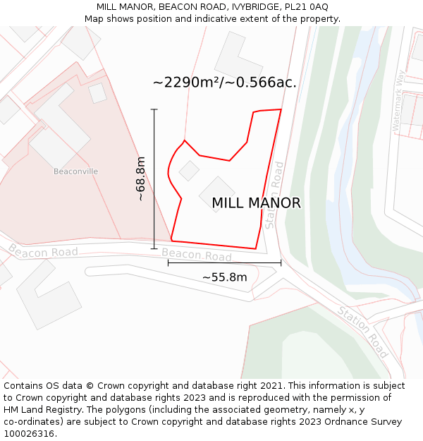 MILL MANOR, BEACON ROAD, IVYBRIDGE, PL21 0AQ: Plot and title map