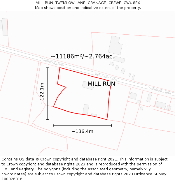 MILL RUN, TWEMLOW LANE, CRANAGE, CREWE, CW4 8EX: Plot and title map